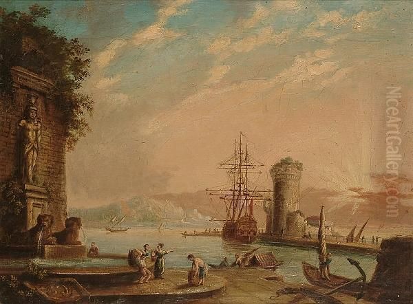 A Mediterranean Harbour At Sunset Oil Painting by Claude-joseph Vernet