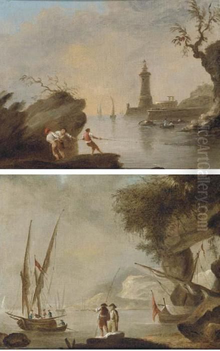 A Mediterranean Coastal Inlet 
With Fishermen And A Lighthouse; Anda Mediterranean Coastal Inlet With 
Shipping Oil Painting by Claude-joseph Vernet