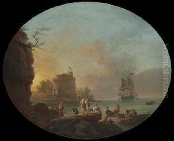 Hafenszene Bei Aufgehender
 Sonne. Oil Painting by Claude-joseph Vernet
