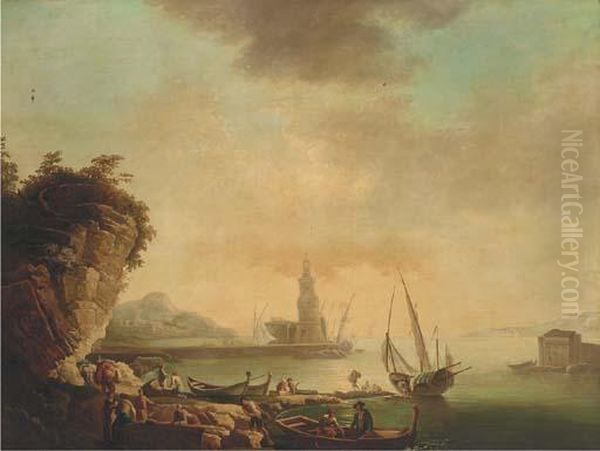 A Mediterranean Harbour At Sunset With Stevedores On The Quay Oil Painting by Claude-joseph Vernet