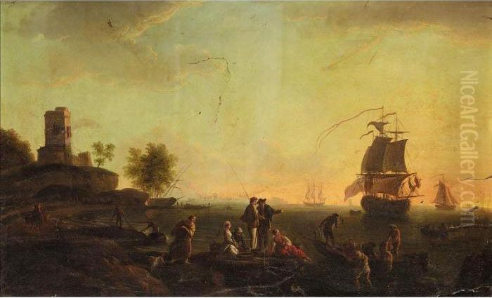 A Mediterranean Harbour Scene At
 Dusk With Figures On The Shore, A British Ship At Anchor Beyond Oil Painting by Claude-joseph Vernet