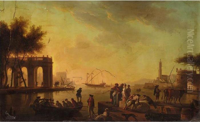 A Mediterranean Harbour Scene 
With Figures In Turkish Dress And A Classical Loggia Beyond Oil Painting by Claude-joseph Vernet