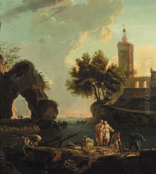 Fishermen Unloading Cargo On A 
Landing Stage In A Mediterranean Harbour, A Lighthouse Beyond Oil Painting by Claude-joseph Vernet