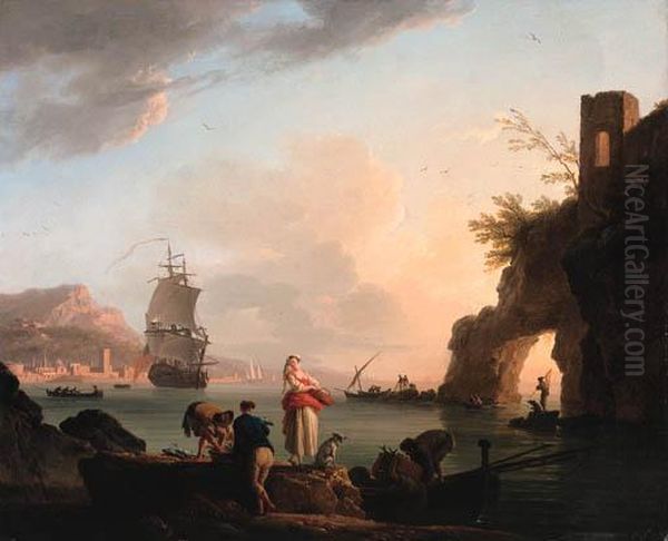La Peche Heureuse: A 
Mediterranean Coast At Sunset With Fisherfolk Unloading A Catch Near A 
Natural Arch, A Frigate Offshore, And A City Beyond Oil Painting by Claude-joseph Vernet