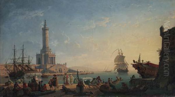 A Mediterranean Harbour At 
Sunset With Fisherfolk And Merchants Ona Quay, A Lighthouse Beyond Oil Painting by Claude-joseph Vernet