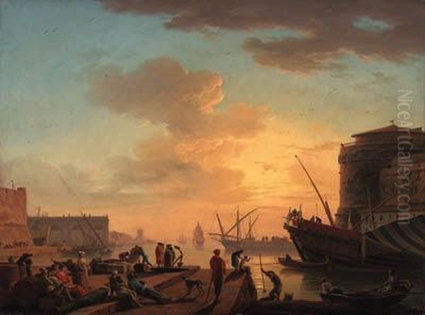 Le Soir: A Mediterranean Harbour
 At Sunset With Fisherfolk Andmerchants On A Quay; And Clair De Lune: A 
Mediterranean Harbour Bymoonlight With Fisherfolk By A Fire On The 
Shore, A Natural Archbeyond Oil Painting by Claude-joseph Vernet