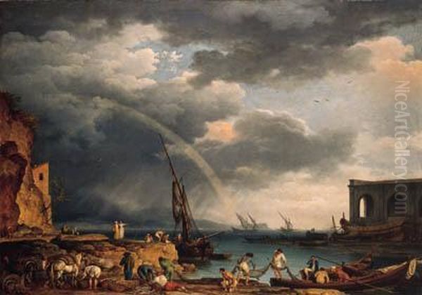 L'arc En Ciel: An Italianate 
Coastal View With A Rainbow, Fishermenand Peasants At An Inlet In The 
Foreground, A Shipwright's Yardbeyond Oil Painting by Claude-joseph Vernet