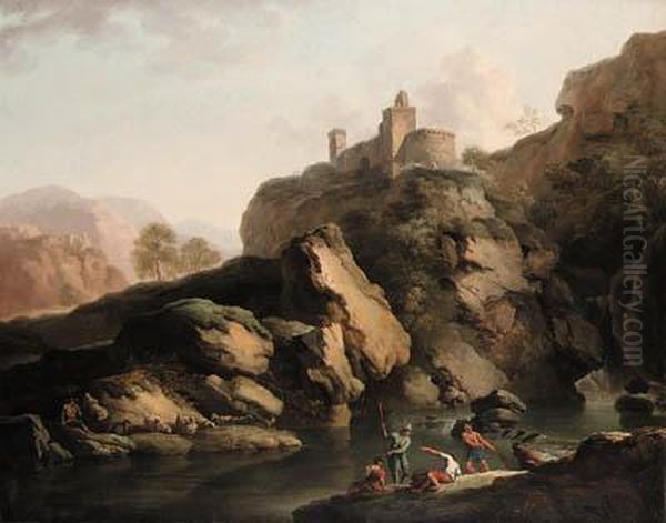 A Mountain River Landscape, With
 Fishermen Pulling In Their Net In The Foreground, And A Shepherd With 
His Sheep On The Far Bank, Ahilltop Fort Beyond Oil Painting by Claude-joseph Vernet