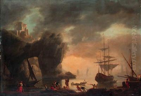 A Mediterranean Inlet With A 
Man-o'-war Lowering Its Sails Andfishermen Pulling In Their Nets In The 
Foreground Oil Painting by Claude-joseph Vernet