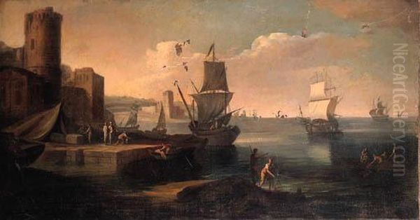 A Mediterranean Harbour With 
Merchants On A Quay With Anglers On Anoutcrop, Shipping Moored Beyond Oil Painting by Claude-joseph Vernet