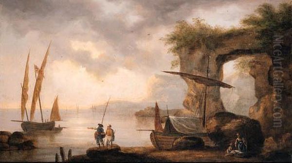 A Rocky Coastline With Figures On The Shoreline Oil Painting by Claude-joseph Vernet