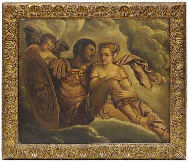 Mars Und Venus Auf Einer Wolke 
Sitzend, Hinter Dem Schild Mit Dem Gorgonenhaupt Zu Mars Blickender 
Amor. Oil Painting by Paolo Veronese (Caliari)