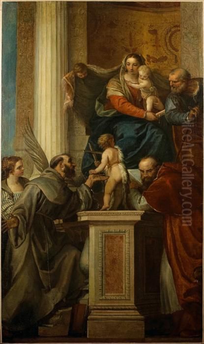 La Sainte Famille Avec Saint 
Jean Baptiste Enfant, Sainte Justine, Saint Francois Et Saint Jerome. Oil Painting by Paolo Veronese (Caliari)