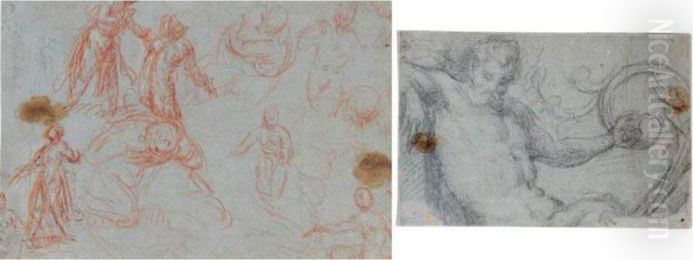 A Sheet Of Studies Of Several 
Figures, Including A Couple Embracing, Two Female Nudes, A Kneeling 
Angel And A Standing Figure With Arms Spread Oil Painting by Paolo Veronese (Caliari)