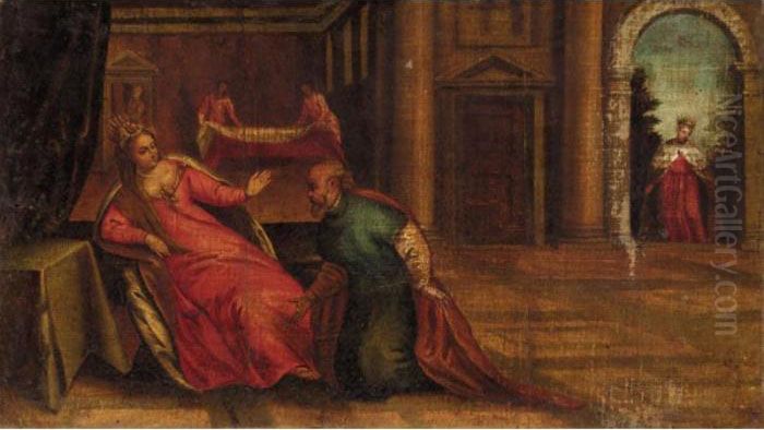 Esther Confronted By Hamon Oil Painting by Paolo Veronese (Caliari)