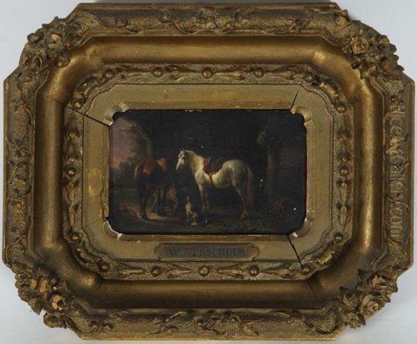 Chevaux A L'abreuvoir Et Chien Oil Painting by Wouterus Verschuur