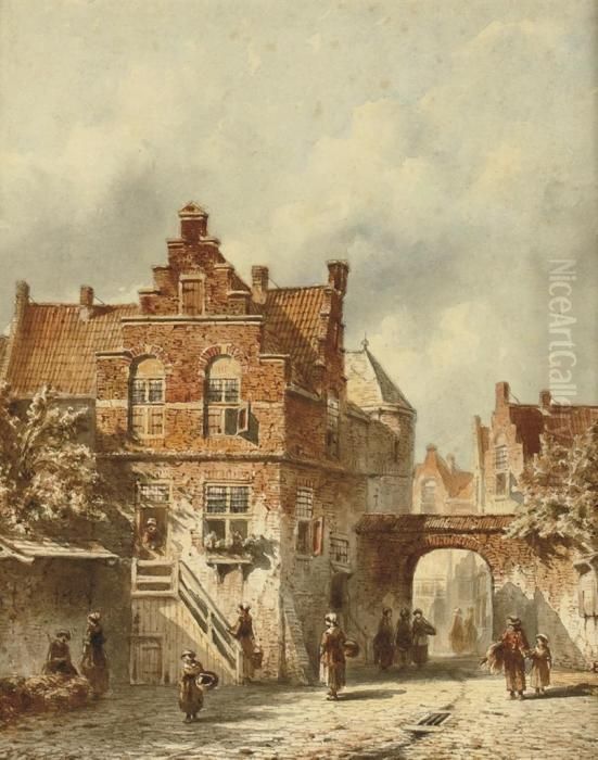 A Busy Day In A Sunlit Dutch Town Oil Painting by Pieter Gerard Vertin