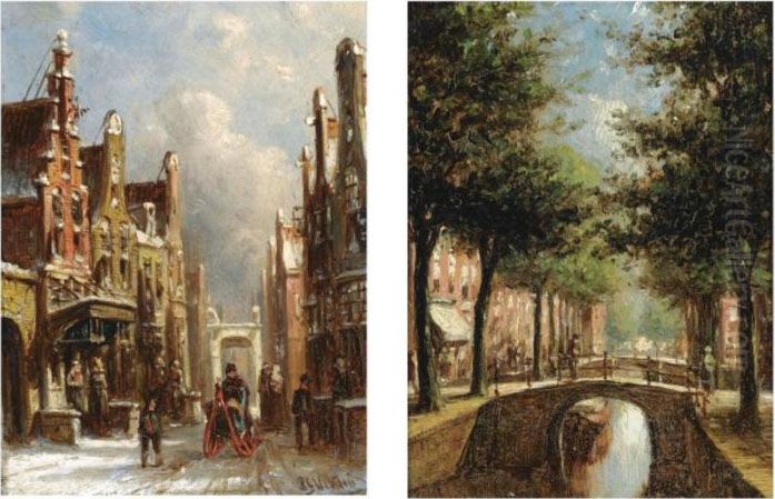 A Sleigh In The Streets Of Alkmaar; A Sunlit Canal In Delft (apair) Oil Painting by Pieter Gerard Vertin