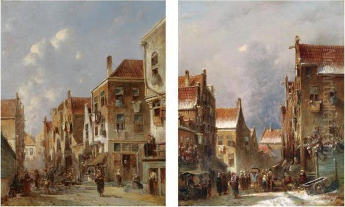 A Sunny Day In A Dutch Town; 
Many Figures In The Snow Coveredstreet Of A Dutch Town (a Pair) Oil Painting by Pieter Gerard Vertin