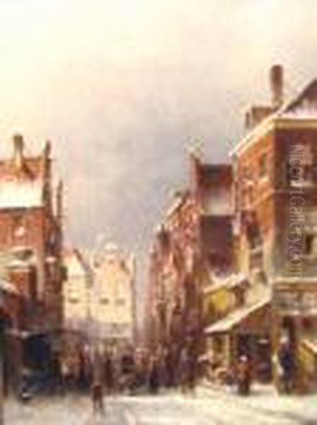 Oil On Panel, A Busy Dutch 
Street,indistinctly Signed Lower Left, Verso Remnant Of Label 
...lijke...kleykamp; Measurements: 25cm X 19cm Oil Painting by Pieter Gerard Vertin