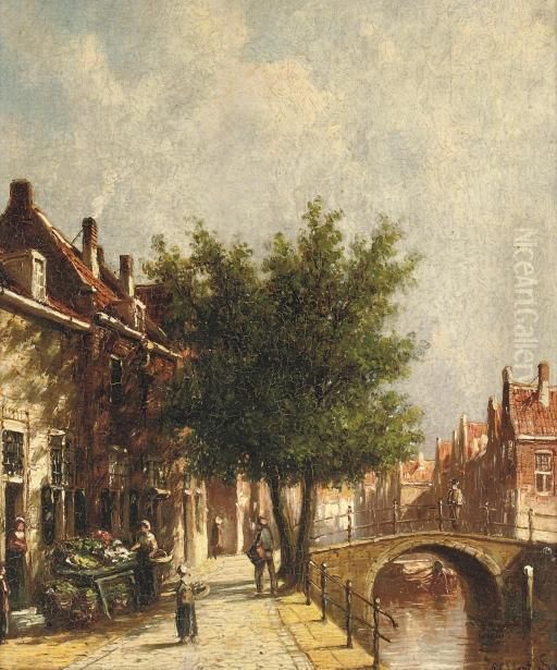A Market Stall Along A Canal In Summer Oil Painting by Pieter Gerard Vertin