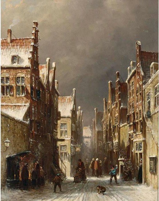 Figures In The Snow Covered Streets Of A Dutch Town Oil Painting by Pieter Gerard Vertin