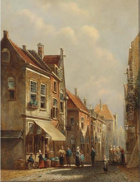 Villagers In The Streets Of A Dutch Town Oil Painting by Pieter Gerard Vertin