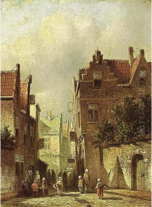 Villagers In The Streets Of A Dutch Town Oil Painting by Pieter Gerard Vertin