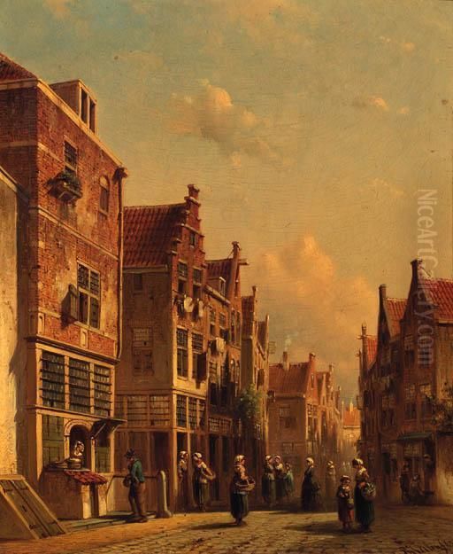A Townview In Summer With Figures Conversing Oil Painting by Pieter Gerard Vertin