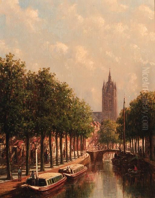 Moored Canal Boats Along The 
Oude Delft, Delft, With The Oude Kerktowering In The Background Oil Painting by Pieter Gerard Vertin