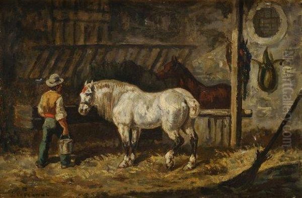 Palfrenier Et Ses Chevaux Oil Painting by Jules Jacques Veyrassat