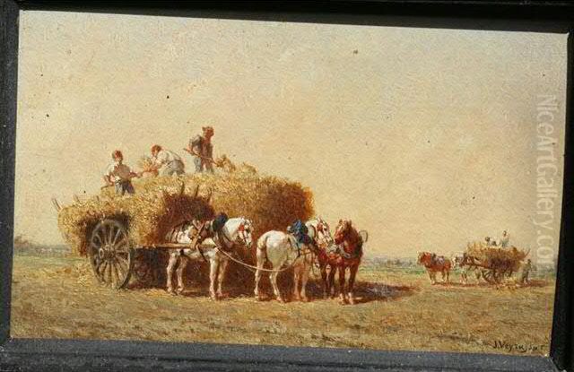 Hommes Et Chevaux Lors De La Moisson Oil Painting by Jules Jacques Veyrassat