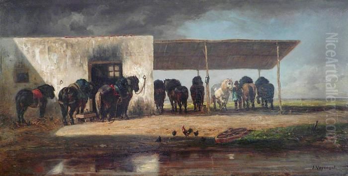 Chevaux Au Relais Oil Painting by Jules Jacques Veyrassat