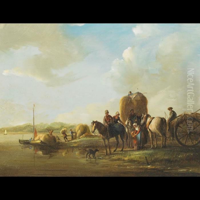 Shoreline Scene With Hay Barges And Farm Wagons Oil Painting by Jules Jacques Veyrassat