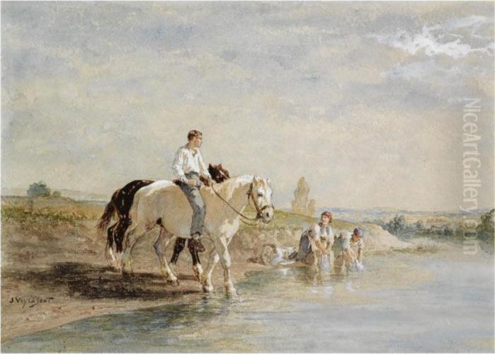 A Horse Rider Crossing The River On Laundry Day Oil Painting by Jules Jacques Veyrassat