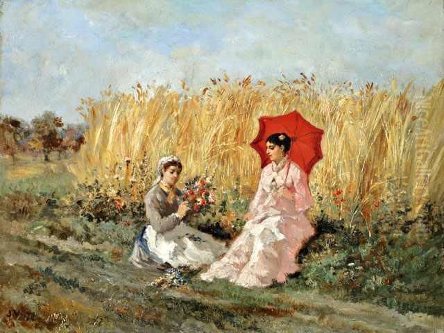 Elegantes Ramassant Desfleurs Dans Un Champ De Ble Oil Painting by Jules Jacques Veyrassat