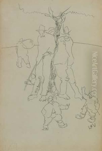 Figure Con Albero Oil Painting by Lorenzo Viani