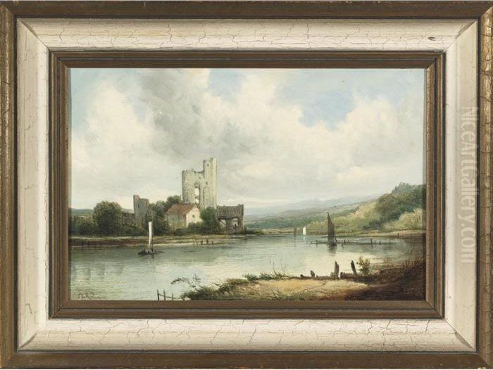 Sailing By A Ruin; Figures On A Village Coast Oil Painting by A.H. Vickers