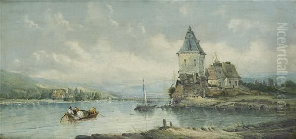 On Therhine, Figures And Medieval Buildings Oil Painting by A.H. Vickers