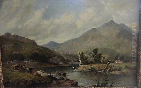 A River Landscape With Cattle At Rest Oil Painting by A.H. Vickers