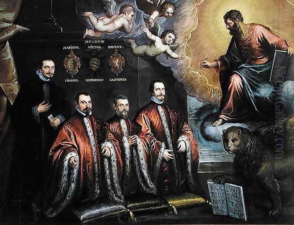 St. Mark in glory and a portrait of three lawyers and a notary, 1623 Oil Painting by Domenico Tintoretto