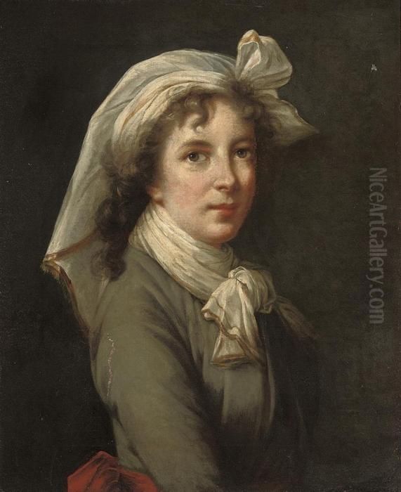 Self-portrait Of The Artist, 
Half-length, In A Blue Dress And Redsash, With A White Headdress Oil Painting by Elisabeth Vigee-Lebrun