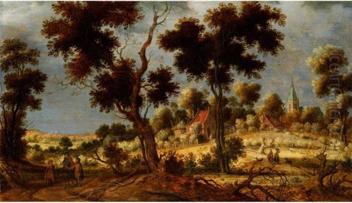 Hugellandschaft Mit Schattigen 
Baumen Sowie Kirche Und Hauser Am Waldrand Mit Figurenstaffage In 
Nachgewittriger Lichtstimmung Oil Painting by David Vinckboons I