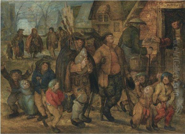 A Village Scene With A Bagpipe Player Surrounded By Children Oil Painting by David Vinckboons I