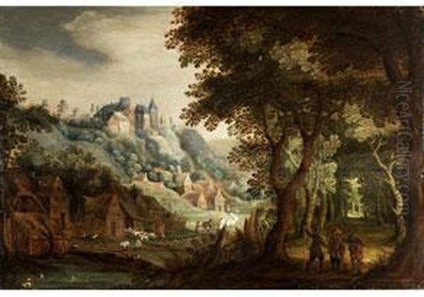 Landschaft Mit Waldrand, Dorf
 Und Burg Auf Einer Anhohe Oil Painting by David Vinckboons I