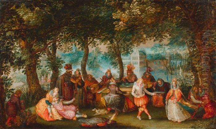 Fete Champetre - Courtly Company Playing Music In The Open Air. Oil Painting by David Vinckboons I