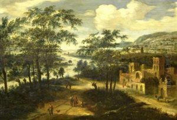 River Landscape With Figures On A Path By A Ruin Oil Painting by David Vinckboons I