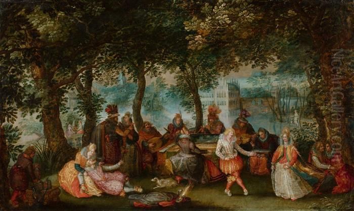 Fete Champetre - Courtly Company Playing Music In The Openair. Oil Painting by David Vinckboons I