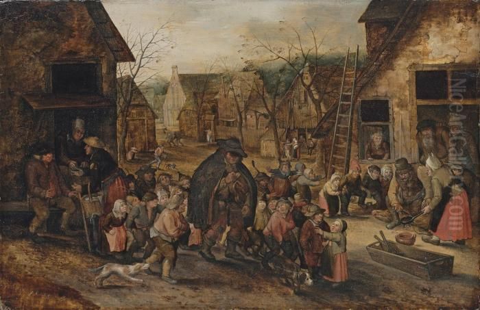 A Village Street With A Blind Hurdy-gurdy Player Surrounded Bychildren Oil Painting by David Vinckboons I
