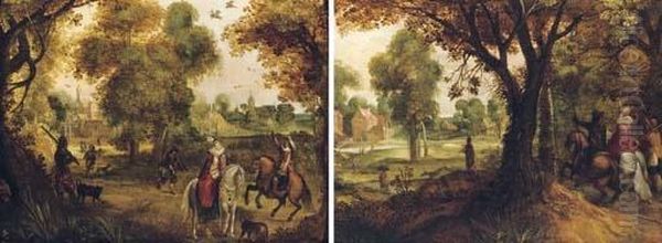 A Wooded Landscape With A 
Hawking Party, A Village Beyond; And A Wooded Landscape With A Hawking 
Party Returning To A Village Oil Painting by David Vinckboons I
